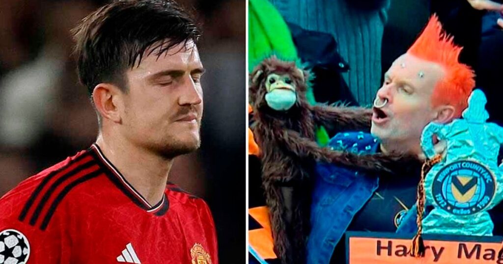 Newport fan with orange hair and toy monkey trolls Harry Maguire with ‘you’re pants’ sign – Daily Star