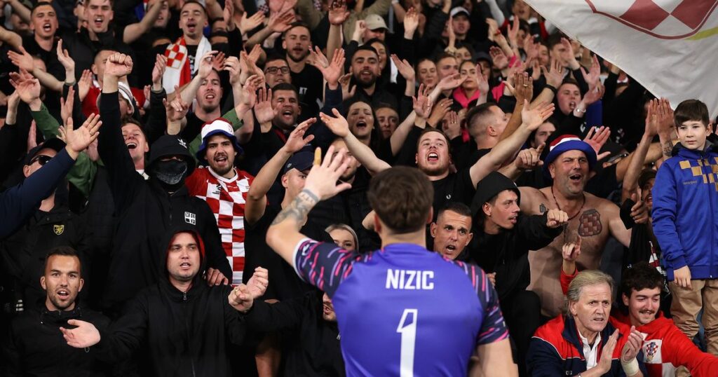 Football fan at match claims innocence based on beer, despite being accused of Nazi salute.