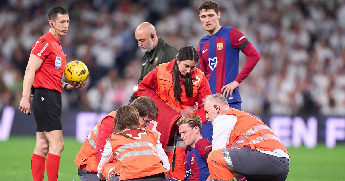 Frenkie de Jong left in tears with foot facing wrong direction after Freak El Clasico injury.